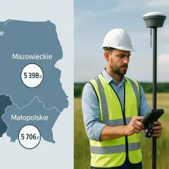 Mapa Polski z zaznaczonymi województwami i cenami usług geodezyjnych, obok geodeta z urządzeniem pomiarowym.